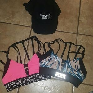 2 Pink Reversible Sports Bras and Hat Lot